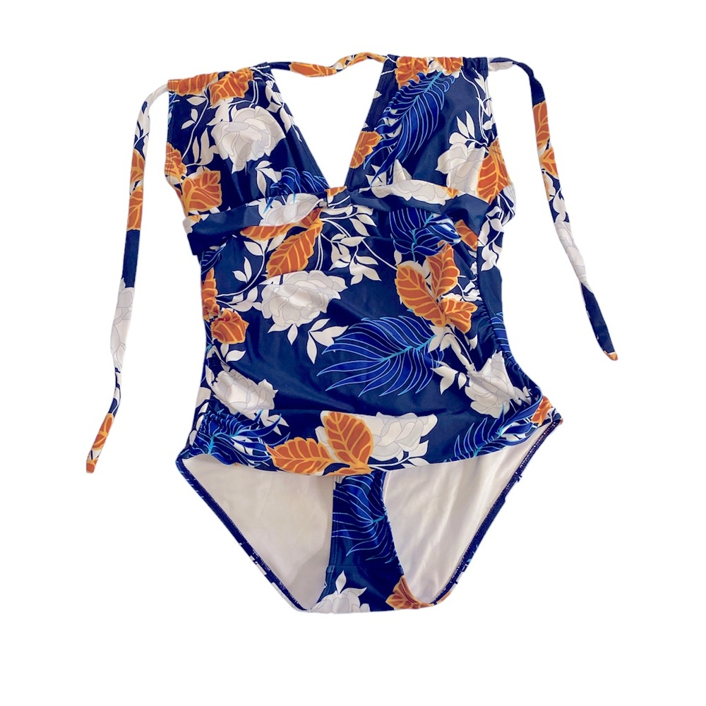 Tropical Print Large Deep V and Ruched Front Full Coverage One Piece Suit